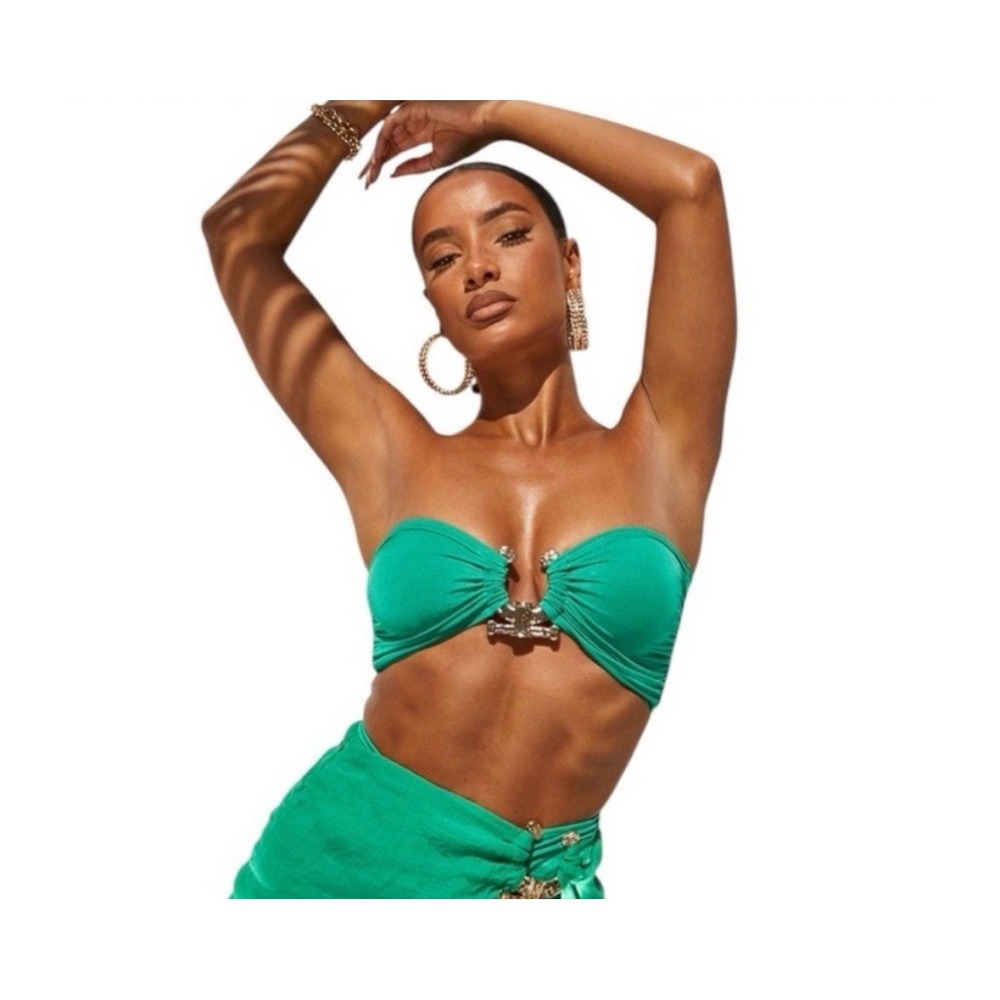 New PrettyLittleThing Plus Green Hammered Trim Swim Bikini Top Sz 22 XXXL